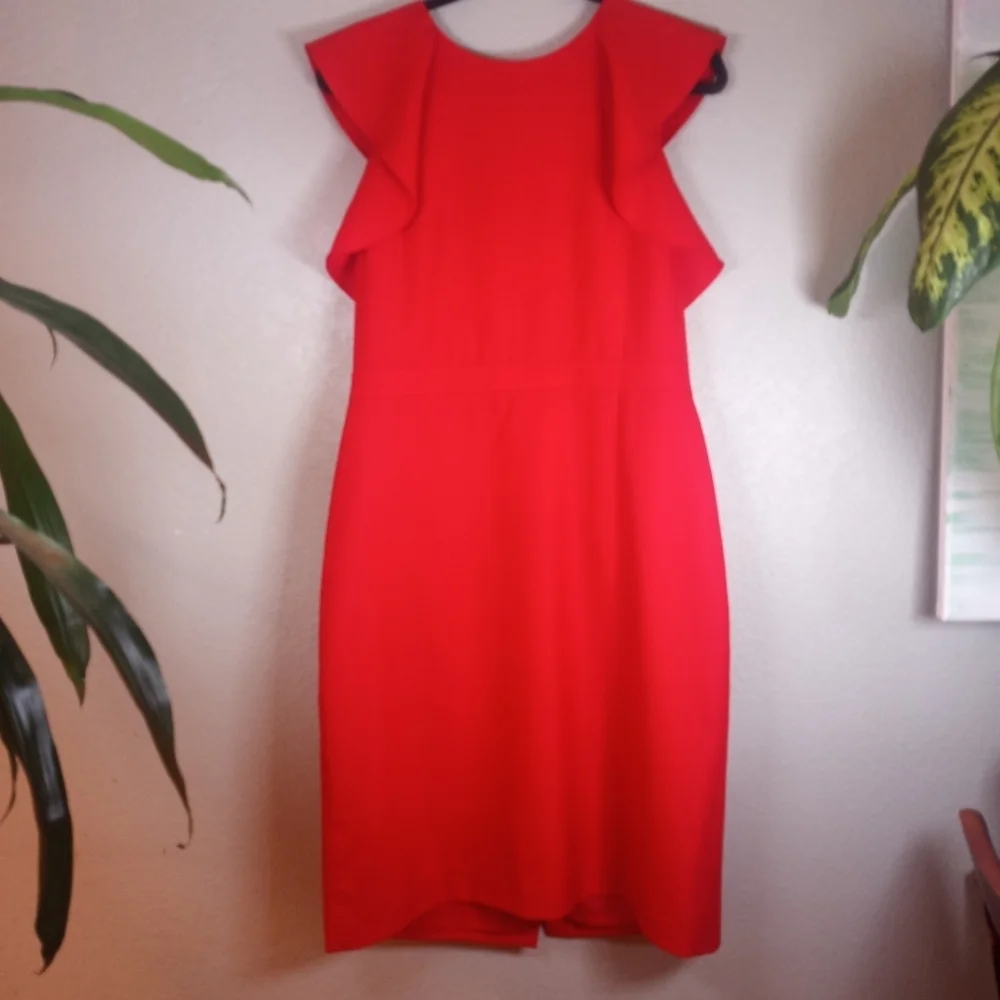 J Crew Flutter Cap Sleeve Classic Red Mid Length Minimalist CBK Sheath Dress 12